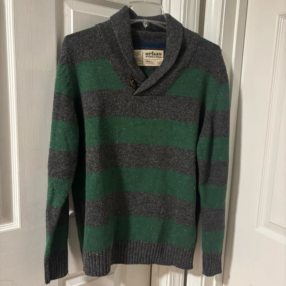 Urban Pipeline Preppy Bold Striped Green and Gray Men's Crewneck Sweater S Small